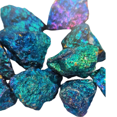 Peacock Copper pieces with bright blue, green, and purple metallic colors