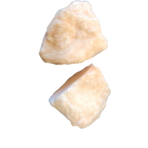 Two pale pink calcite rough pieces on a white background