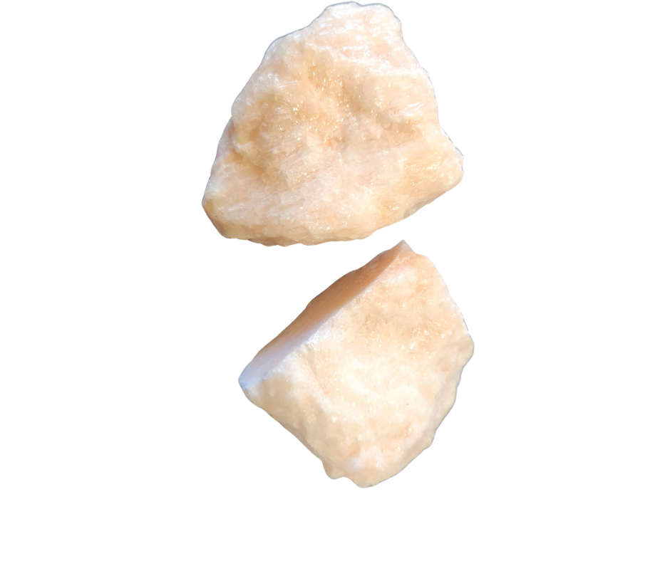 Two pale pink calcite rough pieces on a white background