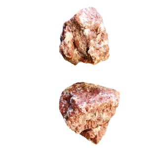 Two red calcite rough pieces with red and cream mineral surfaces