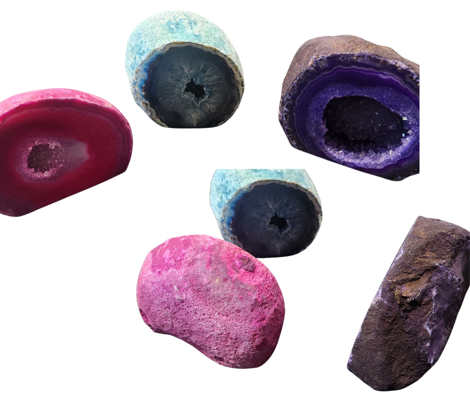 Agate end cuts with cut bases in pink, blue, teal, purple, and natural colors
