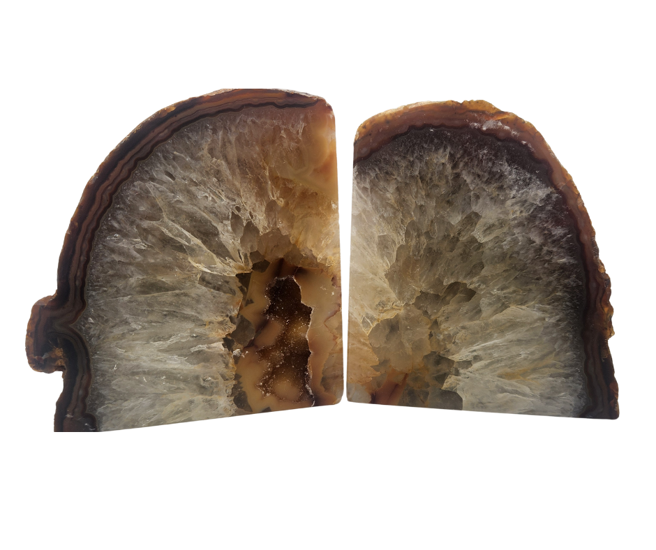 Natural agate bookend pair with brown banded edges and sparkling quartz crystal interiors