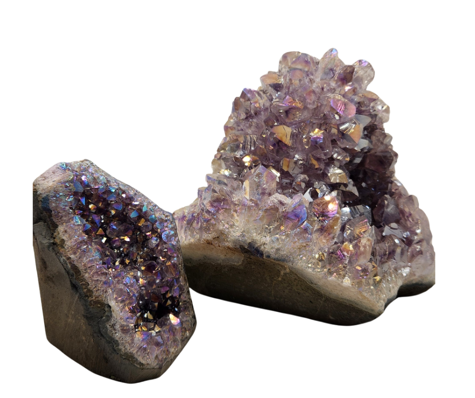 Angel Aura amethyst clusters with iridescent rainbow finish, reinforced sides and cut bases