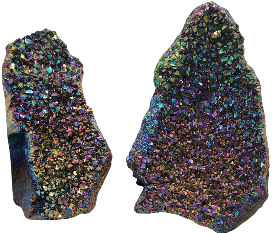 Two rainbow aura amethyst clusters with iridescent crystal points and cut bases