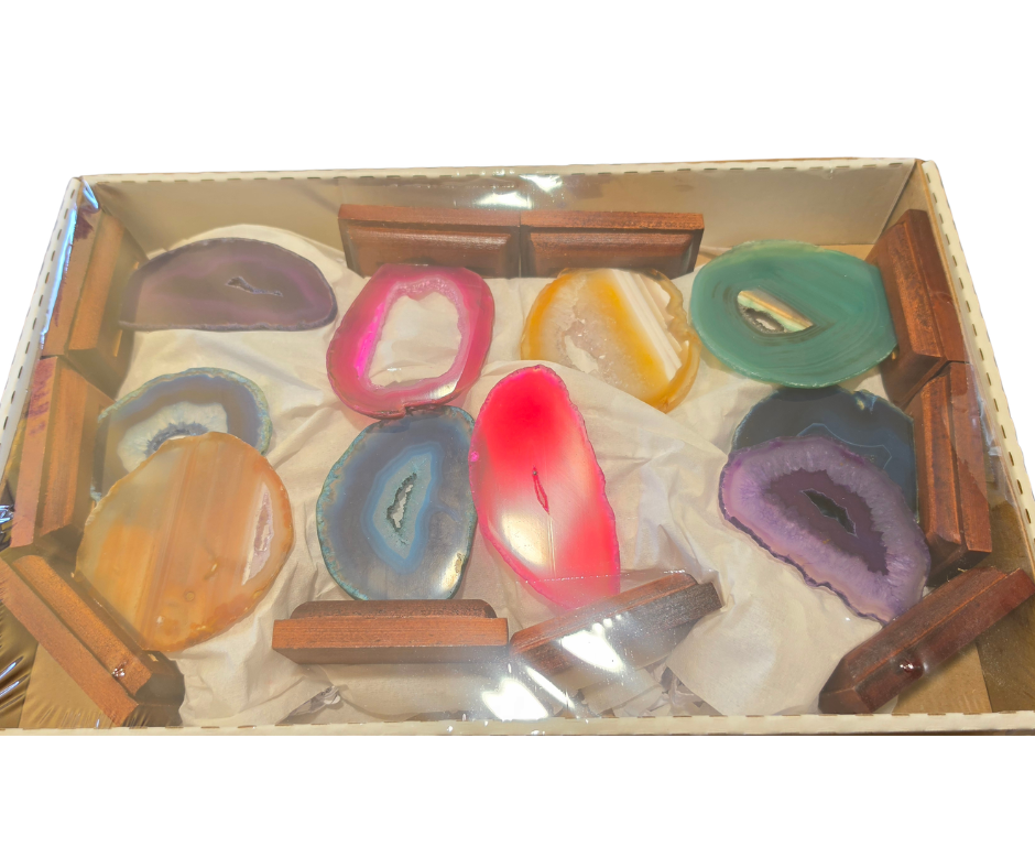 Flat of ten assorted colorful agate slices with wooden display bases