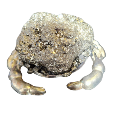 Pyrite Crab with a sparkling natural pyrite cluster and metallic crab-shaped setting