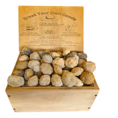 Break Your Own Geodes wooden display box with description and opening instructions; geodes sold separately