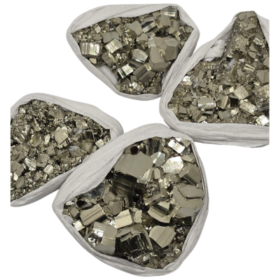 Four Pyrite High Facet clusters with bright metallic crystal faces