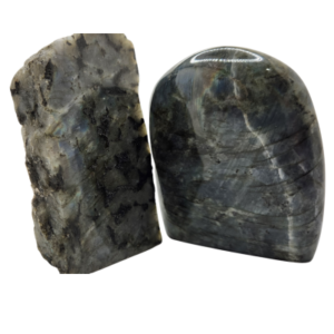 Two Labradorite chunks showing one-side polished and full-polish cut-base finishes