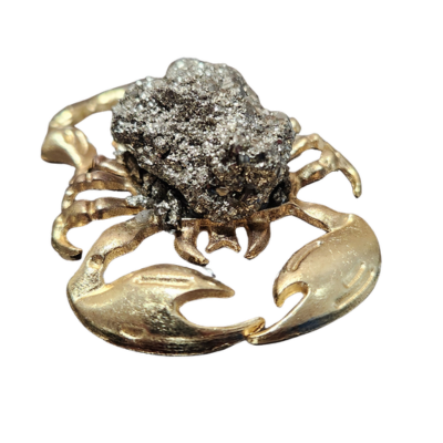 Pyrite Scorpion with a natural sparkling pyrite cluster in a metallic decorative setting