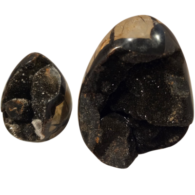 Two polished Septarian Dragon’s Eggs with open dark sparkling interiors