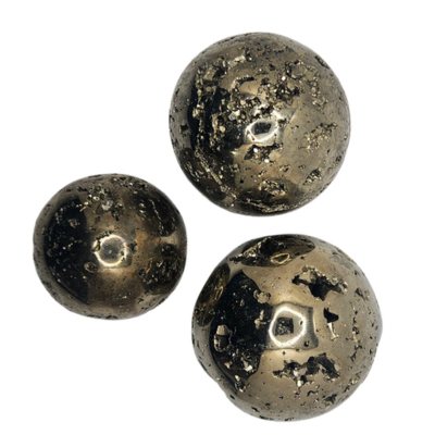 Three polished pyrite spheres with metallic golden surfaces and natural cavities