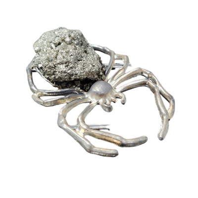 Pyrite Spider with a sparkling natural pyrite cluster and metallic spider-shaped setting